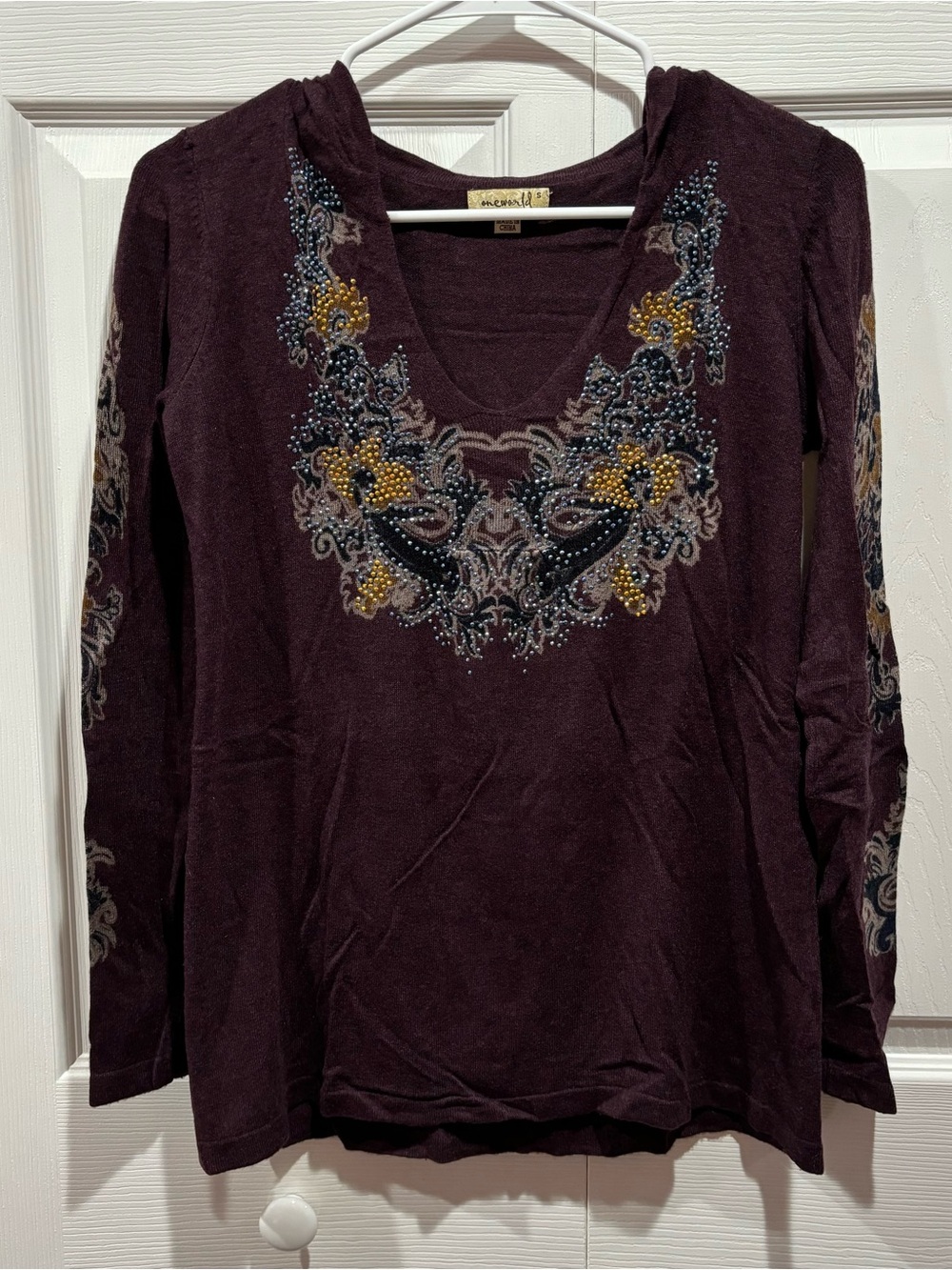 ONE WORLD Women’s Hooded Paisley Sequin Long Sleeve Sweater -purple/gold, size S